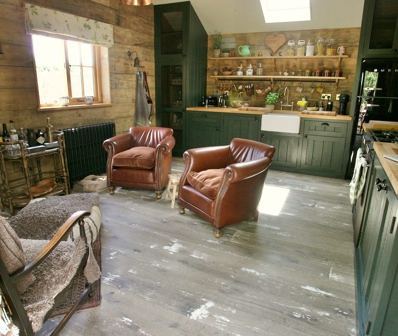 Weathered aged painted floorboards